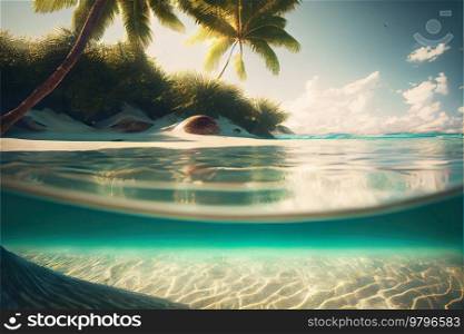 Sunny summer beach with palms, tropical vacational islansd. Sunny summer beach with palms