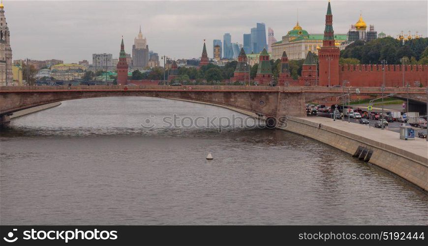 Sunny summer day moscow river bay kremlin.
