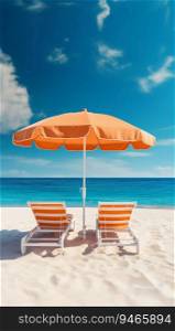 Sunny Umbrella with Sun Loungers on a Sandy Beach. Generative ai. High quality illustration. Sunny Umbrella with Sun Loungers on a Sandy Beach. Generative ai