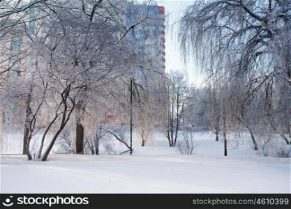 Sunny winter city. Snow-covered urban scene in Belarus
