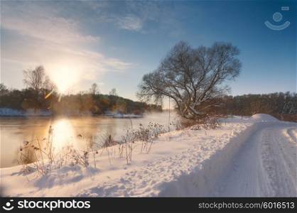 Sunny winter morning on a river Svisloch, Belarus