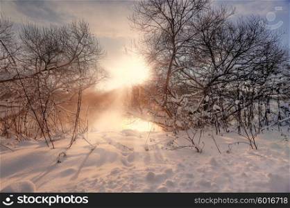 Sunny winter morning on a river Svisloch, Belarus