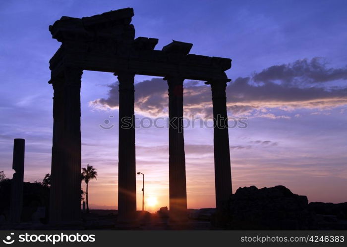 Sunrise a nd ruins of Apollo temple in Side, Turkey