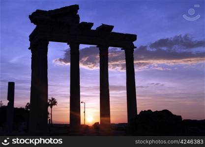 Sunrise a nd ruins of Apollo temple in Side, Turkey