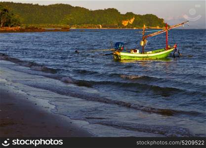 sunrise asia in the lomprayah bay isle white beach rocks boat thailand and south china sea anchor