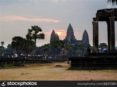 Sunrise at Angkor Wat, part of Khmer temple complex, popular among tourists ancient landmark and place of worship in Southeast Asia. Siem Reap, Cambodia.