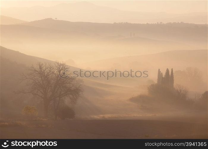 Sunrise at countryside landscape. Belvedere, Tuscany, Italy, Europe.