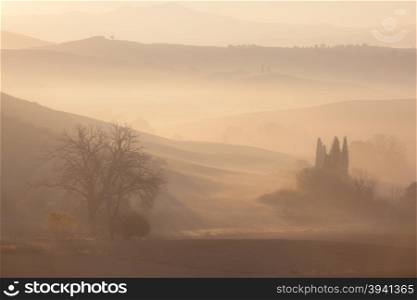 Sunrise at countryside landscape. Belvedere, Tuscany, Italy, Europe.