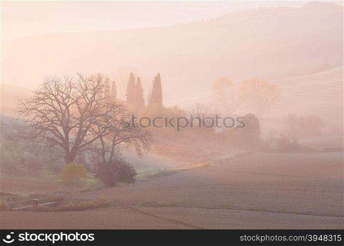 Sunrise at countryside landscape. Tuscany, Italy, Europe.