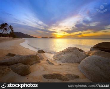 Sunrise at tropical rocky coast, Koh Samui Island, Thailand