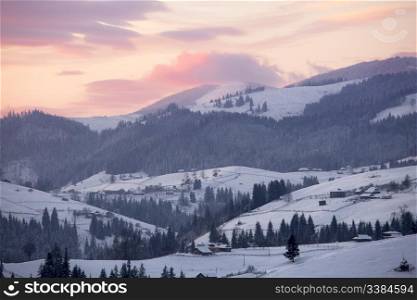 Sunrise at winter mountain landscape. Sunrise in Carpathian Mountains, Ukraine