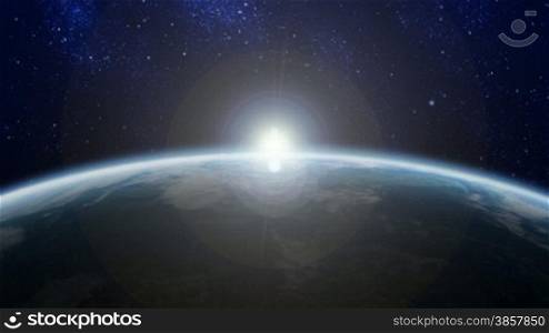 Sunrise beyond Earth&acute;s horizon in space. Earth maps courtesy of NASA: http://visibleearth.nasa.gov/