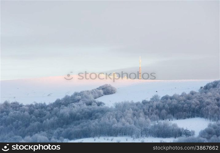 Sunrise Carpathian mountain winter landscape (Ukraine)