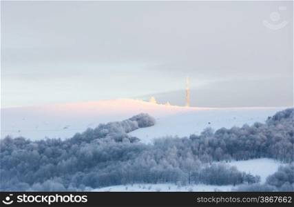 Sunrise Carpathian mountain winter landscape (Ukraine)