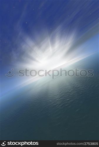 Sunrise from-for a planet the ground (beams passing place} through clouds)
