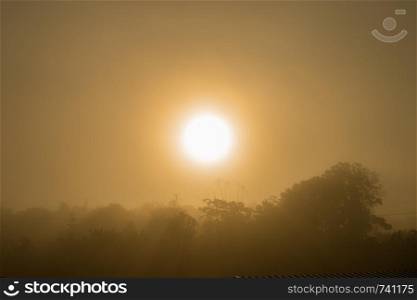 Sunrise in a foggy closeup