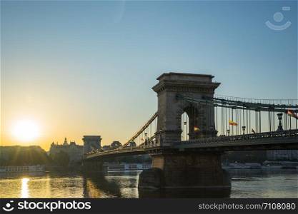 Sunrise in Budapest with Chain Bridge and Danube River in Hungary.