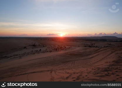 Sunrise in desert,  white sand dune in Mui Ne, Vietnam Southeast Asia.