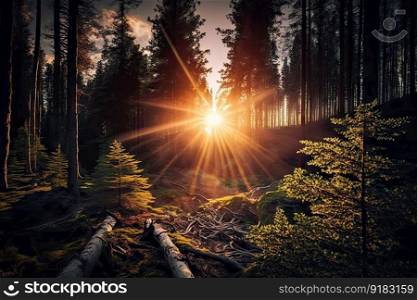 sunrise in forest, with the sun peeking over the horizon, created with generative ai. sunrise in forest, with the sun peeking over the horizon