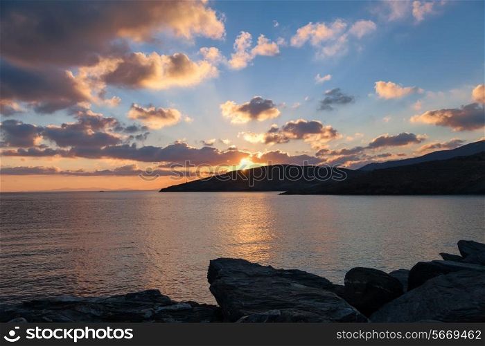 Sunrise in harbor of greek island Kythnos at Cyclades&#xA;