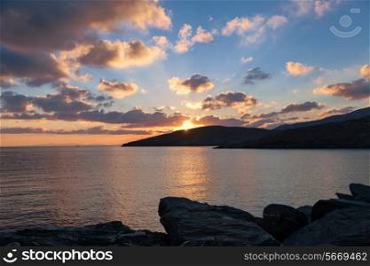 Sunrise in harbor of greek island Kythnos at Cyclades&#xA;