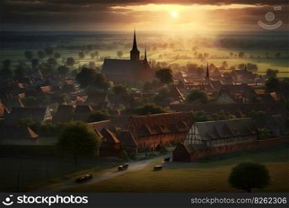 sunrise in old european city landscape. Neural network AI generated art. sunrise in old european city landscape. Neural network AI generated
