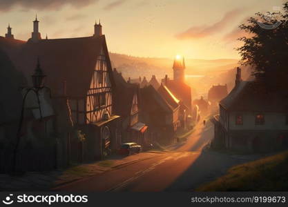 sunrise in old european city landscape. Neural network AI generated art. sunrise in old european city landscape. Neural network AI generated