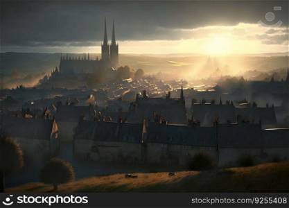 sunrise in old european city landscape. Neural network AI generated art. sunrise in old european city landscape. Neural network AI generated