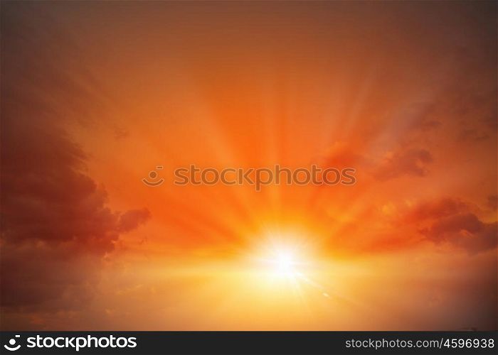Sunrise in sky. Natural landscape and sun rising at skyline
