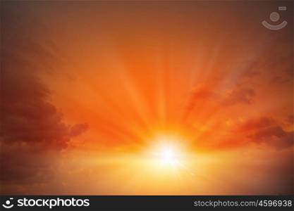 Sunrise in sky. Natural landscape and sun rising at skyline