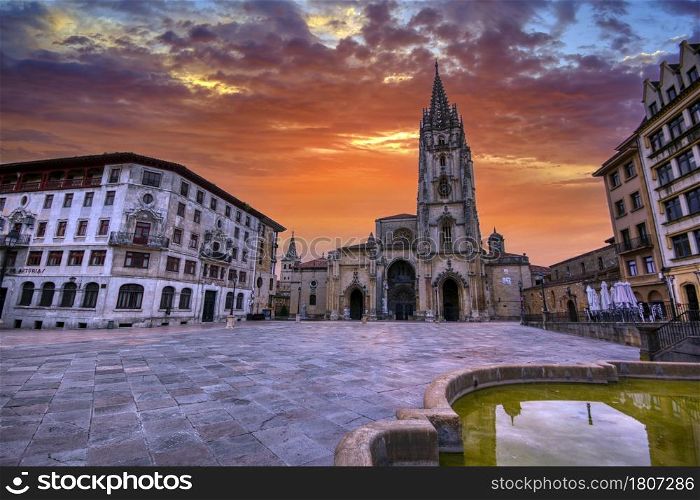 Sunrise in the cathedral square in Oviedo, Asturias, Spain.