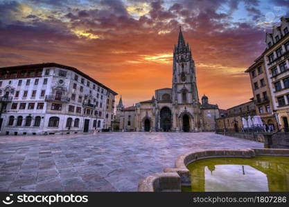 Sunrise in the cathedral square in Oviedo, Asturias, Spain.