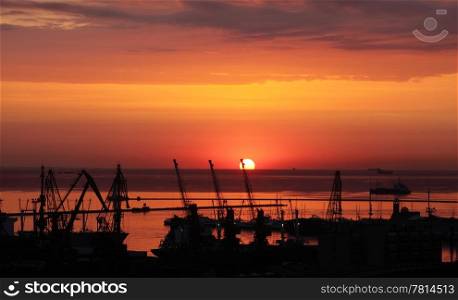 sunrise in the harbor of Odessa, Ukraine