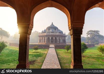 Sunrise in the Humayun&rsquo;s Tomb, view on the Isa Khan&rsquo;s tomb, Delhi, India.. Sunrise in the Humayun&rsquo;s Tomb, view on the Isa Khan&rsquo;s tomb, Delhi, India
