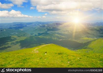 Sunrise in the mountains. View from the top of the mountain Hoverla, Carpathian Ukraine.