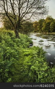 Sunrise landscape image of river flowing and lush green riverbank
