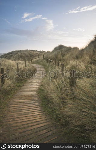 Sunrise landscape image of sand dunes system over beach with wooden boardwalk