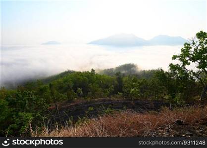 sunrise mist cover mountain background winter foggy view at beautiful misty spring mountain valley and mountains in mist on background, landscape forest in the morning beautiful