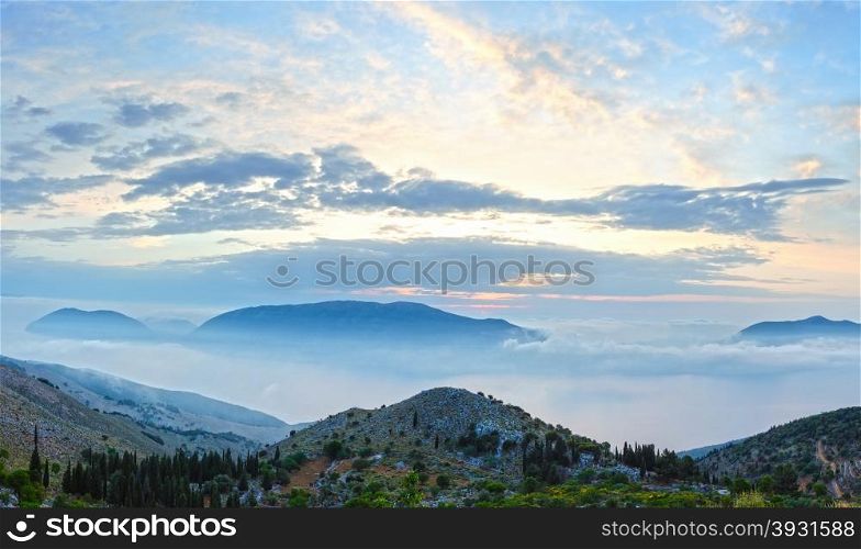 Sunrise misty summer mountain landscape ( Kefalonia, Greece)