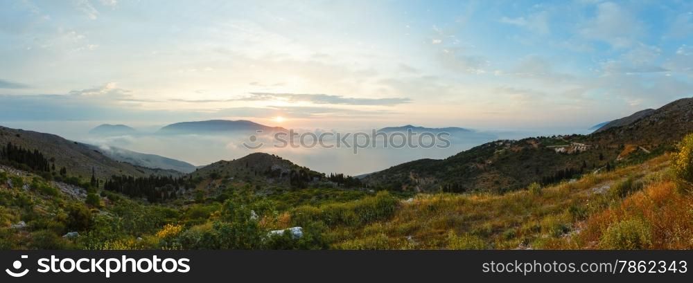 Sunrise misty summer mountain landscape ( Kefalonia, Greece).