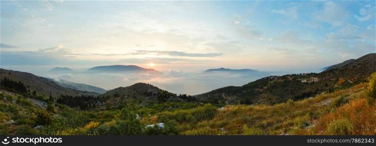 Sunrise misty summer mountain landscape ( Kefalonia, Greece).