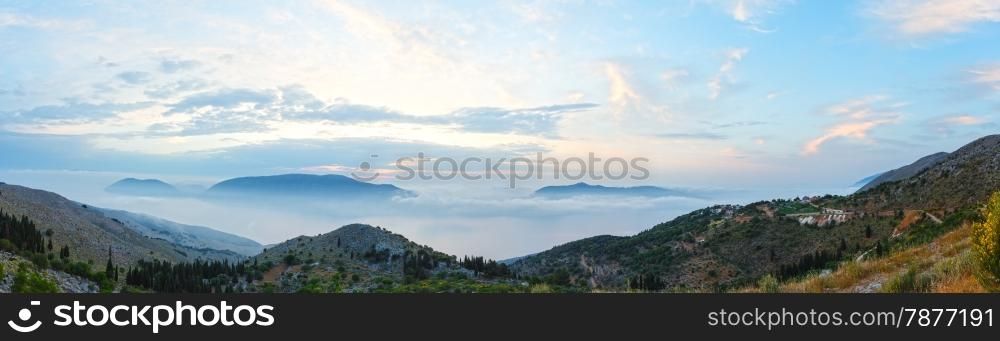 Sunrise misty summer mountain landscape ( Kefalonia, Greece). Panorama.