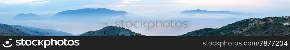 Sunrise misty summer mountain landscape ( Kefalonia, Greece). Panorama.