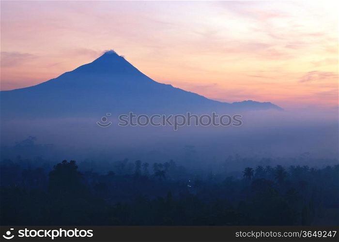 Sunrise Mountain Landscape of Mount Merapi Volcano from Borobudur Yogyakarta Indonesia
