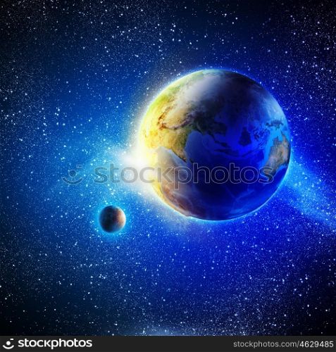 Sunrise or sunset. Earth planet in sun rays. Elements of this image are furnished by NASA