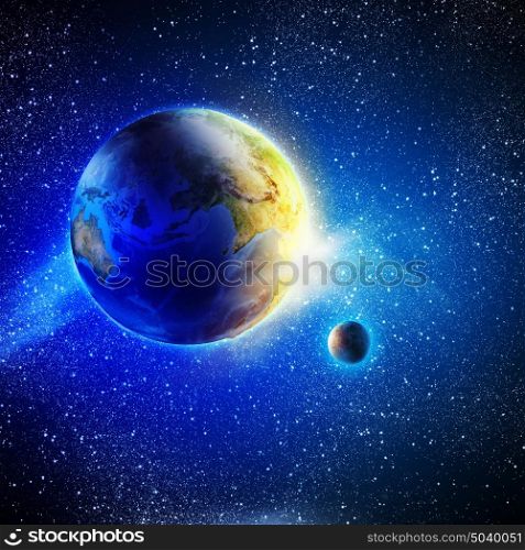 Sunrise or sunset. Earth planet in sun rays. Elements of this image are furnished by NASA