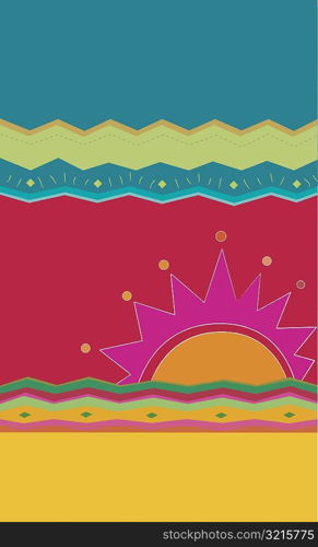 Sunrise over a mountain on a Traditional American Indian pattern