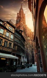 Sunrise over cathedral Notre Dame de Strasbourg, France