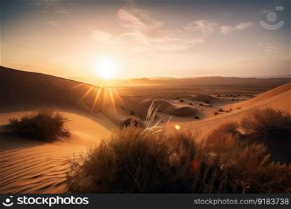 sunrise over desert dunes, with the sun illuminating the landscape, created with generative ai. sunrise over desert dunes, with the sun illuminating the landscape