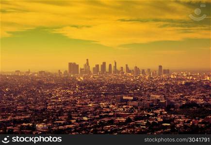 Sunrise over downtown Los Angeles.. Los Angeles downtown skyline at sunrise.